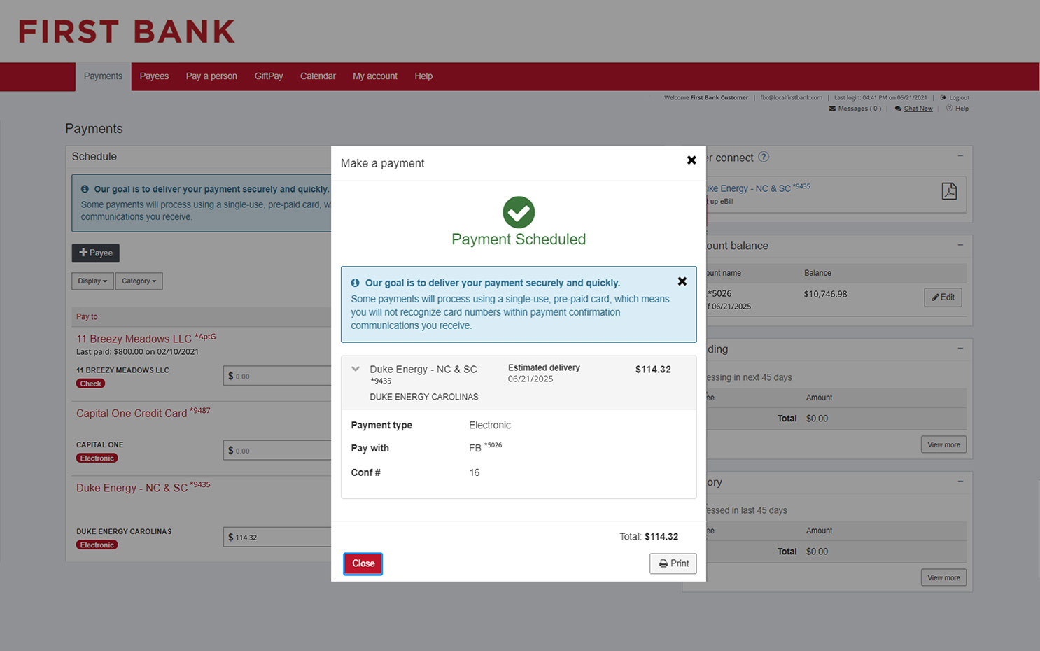 First Bank online banking screen showing the Payment Scheduled success screen and highlighting the Close button.