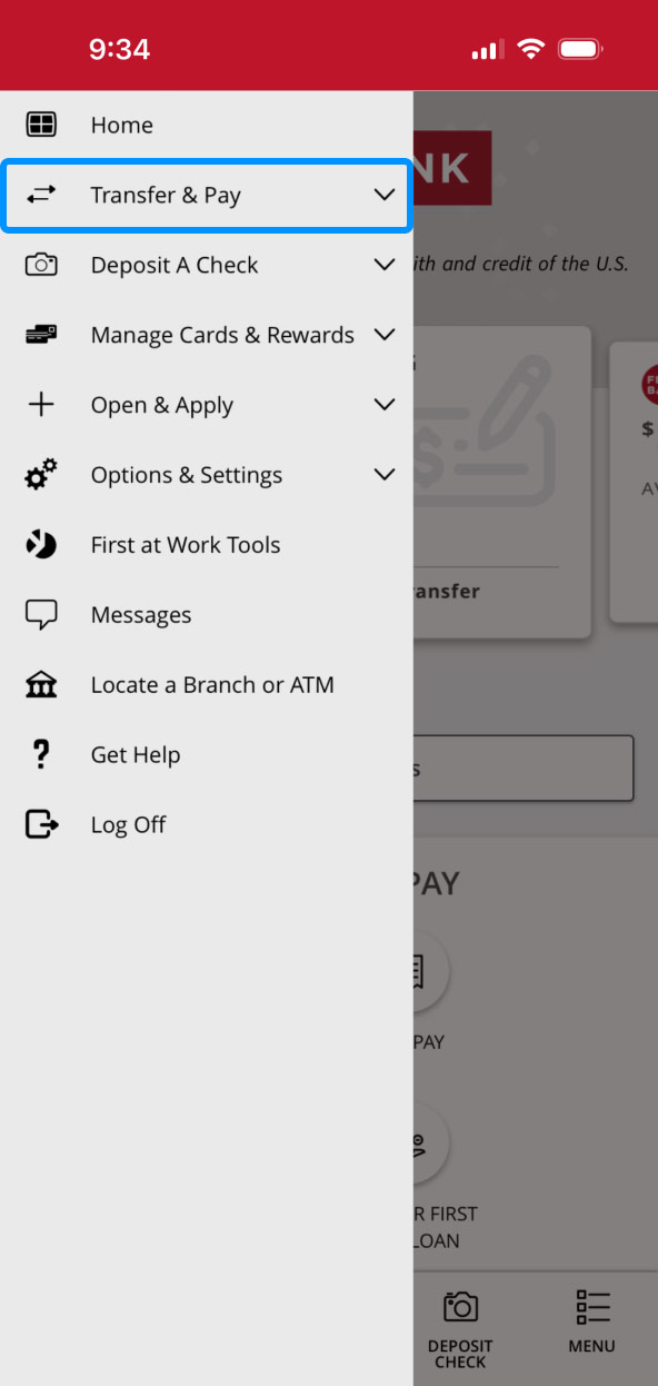 First Bank online banking screen highlighting the Transfer and Pay menu item.
