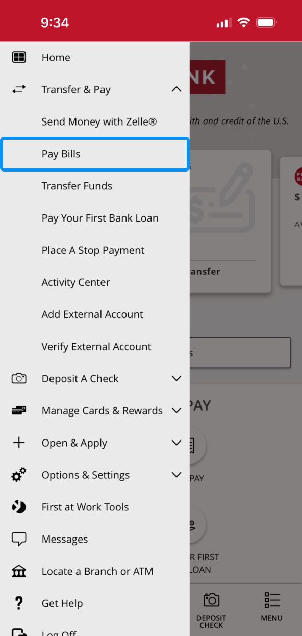 First Bank online banking screen highlighting the Bill Pay menu item.