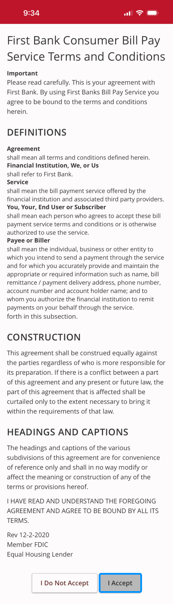 First Bank online banking screen showing the Terms and Conditions and highlighting the I Accept button.