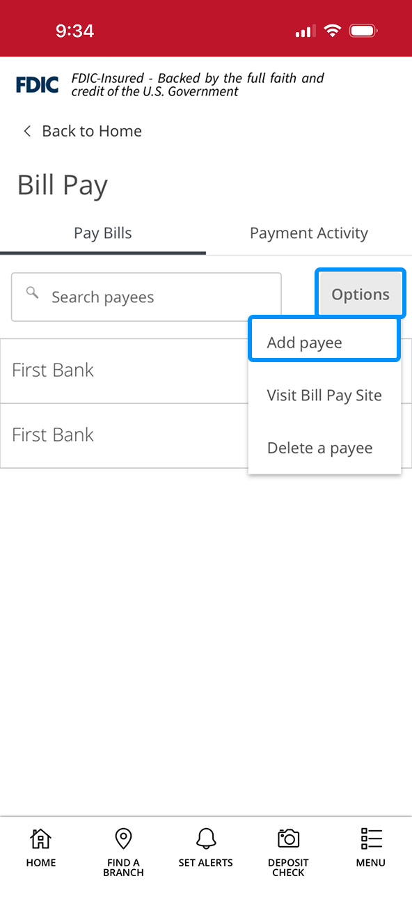 First Bank online banking screen highlighting the Add payee option item.