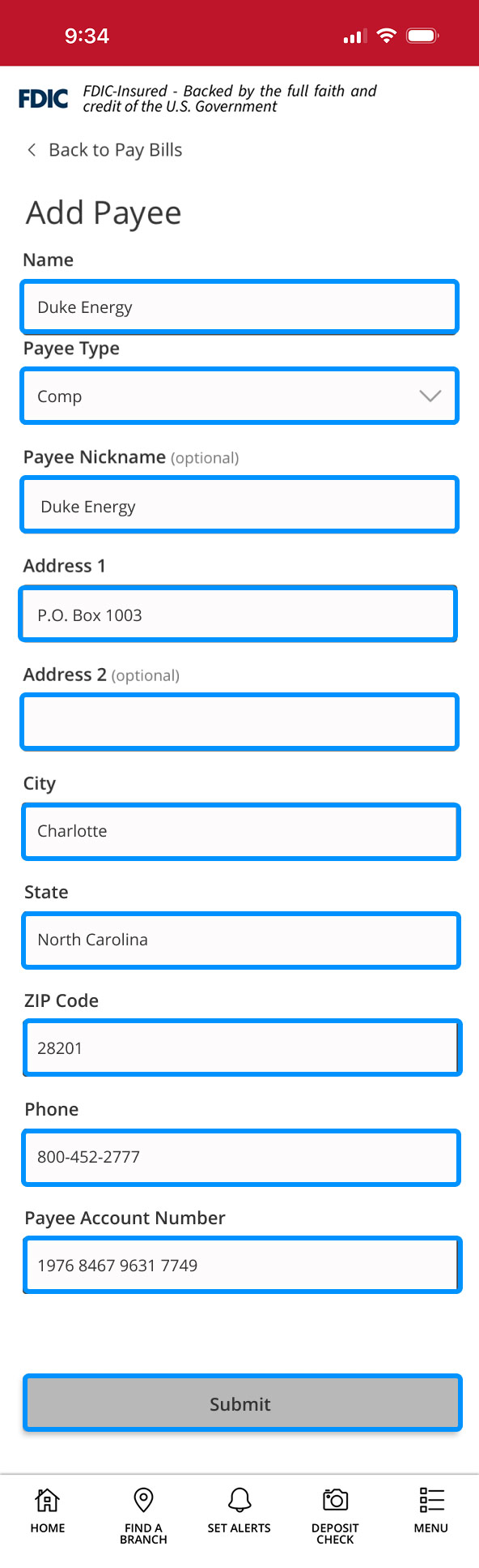 First Bank online banking screen highlighting all of the informational fields needed to add a payee.