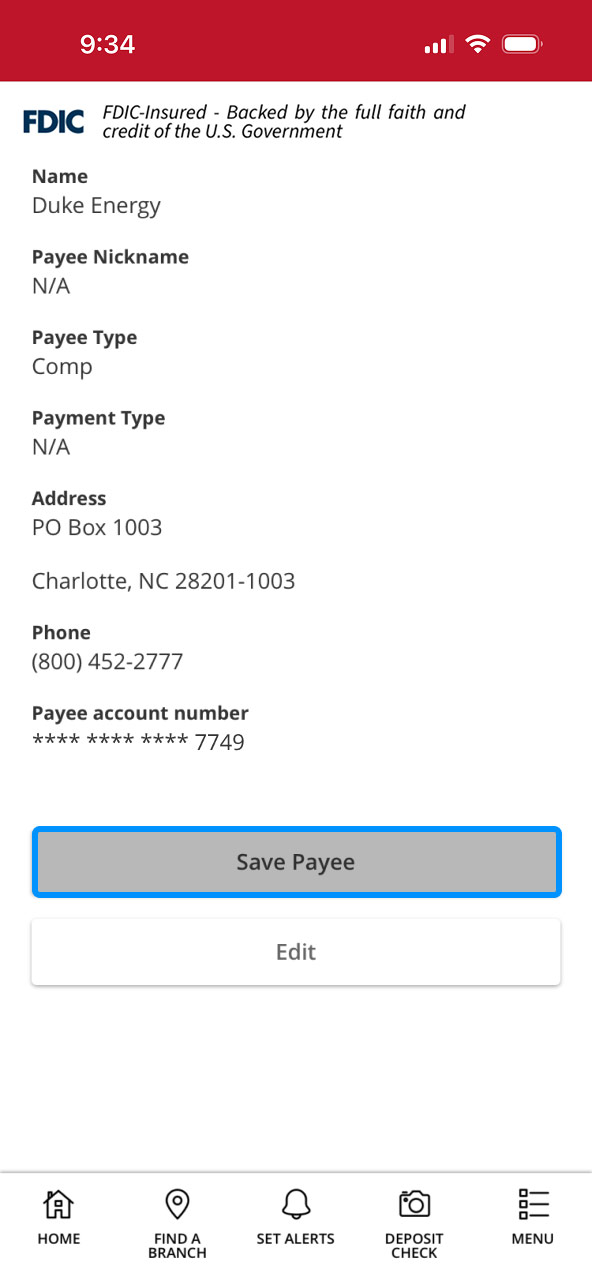First Bank online banking screen highlighting the Save Payee button.