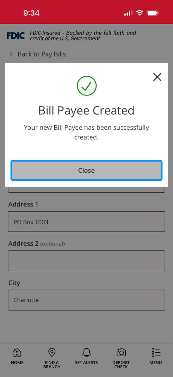 First Bank online banking screen highlighting the Close button after a payee has been created.