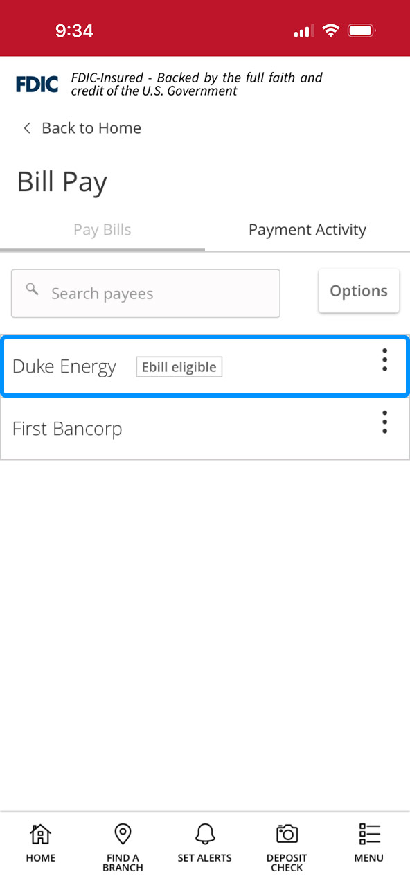First Bank online banking screen highlighting the area to select an existing payee.