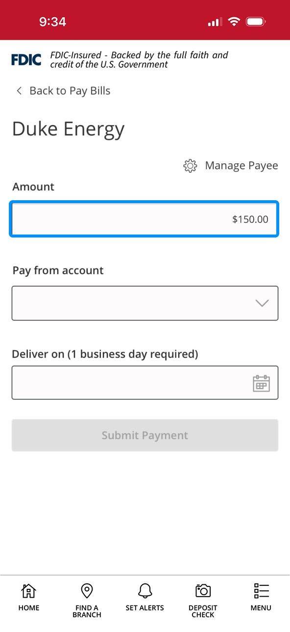 First Bank online banking screen highlighting the Amount field.