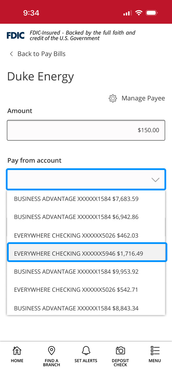 First Bank online banking screen highlighting the Pay from account drop down.