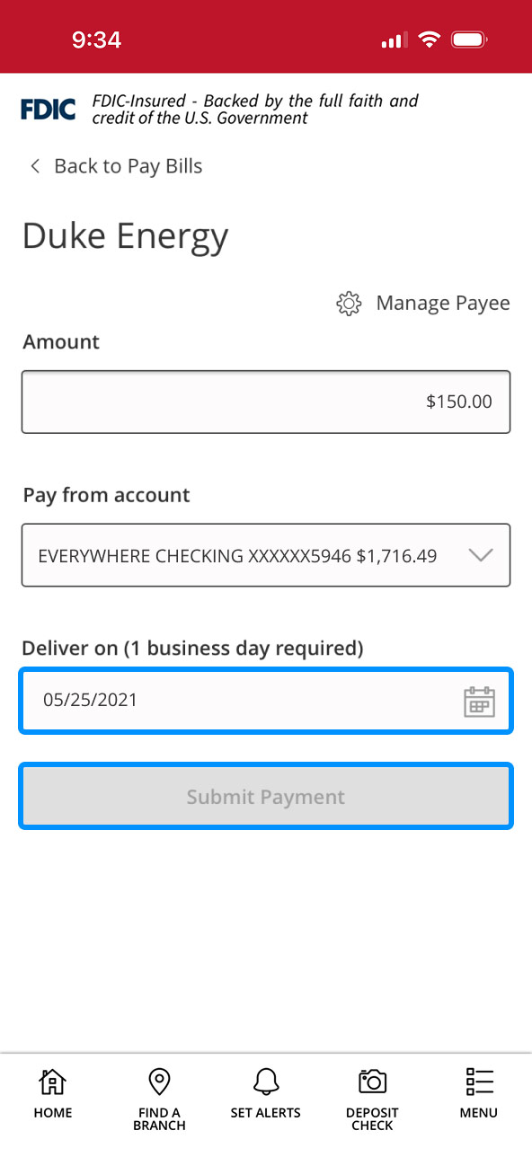First Bank online banking screen highlighting the date selection and Submit Payment button.