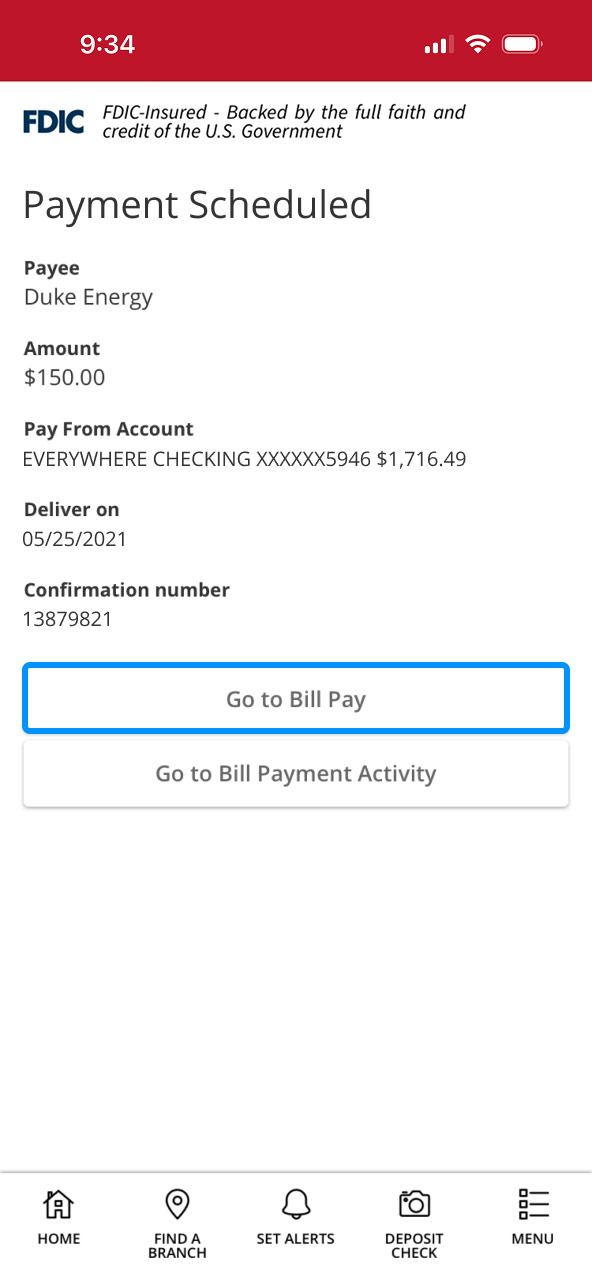 First Bank online banking screen highlighting the Go to Bill Pay button.