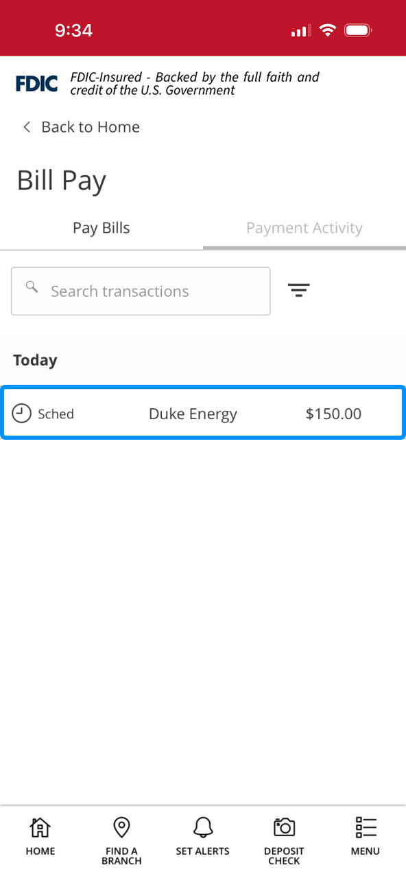 First Bank online banking screen highlighting an existing scheduled payment.