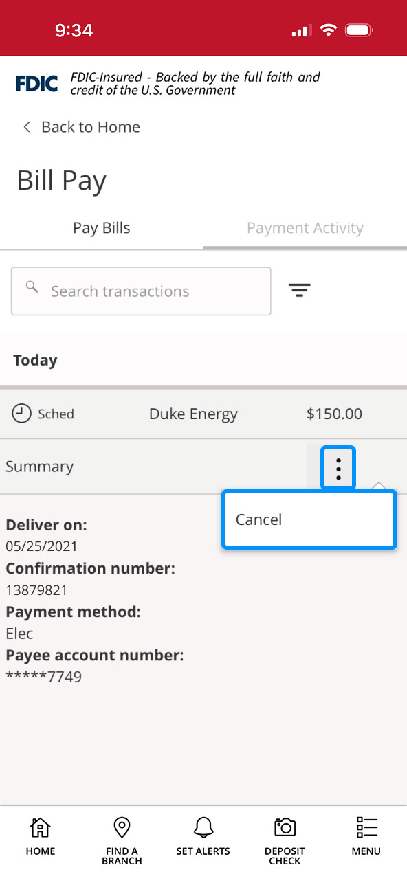 First Bank online banking screen highlighting the cancel option for a scheduled payment.