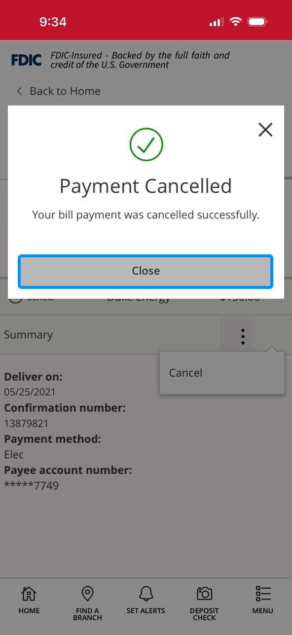 First Bank online banking screen highlighting the Close button on the Payment Cancelled notice.