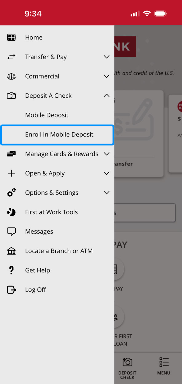 First Bank online banking screen highlighting the Enroll in Mobile Deposit menu item.