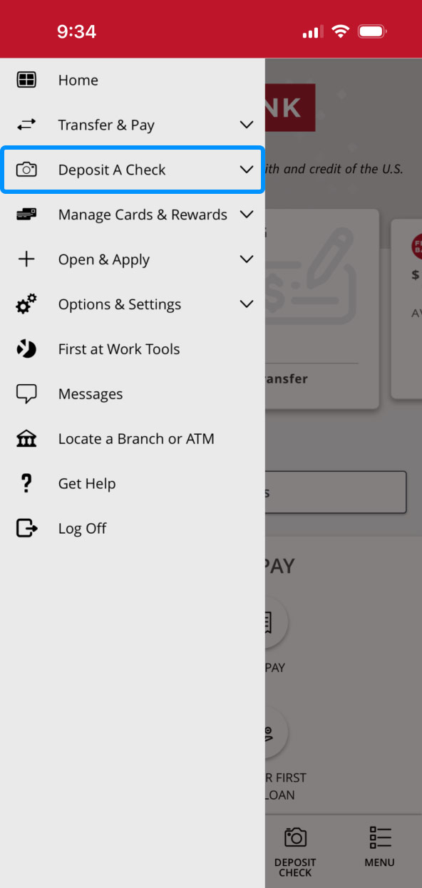 First Bank online banking screen highlighting the Deposit a Check menu item.