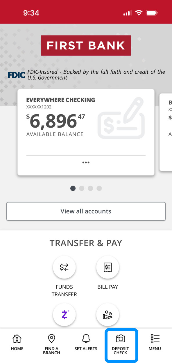 First Bank online banking screen highlighting the Deposit Check button.