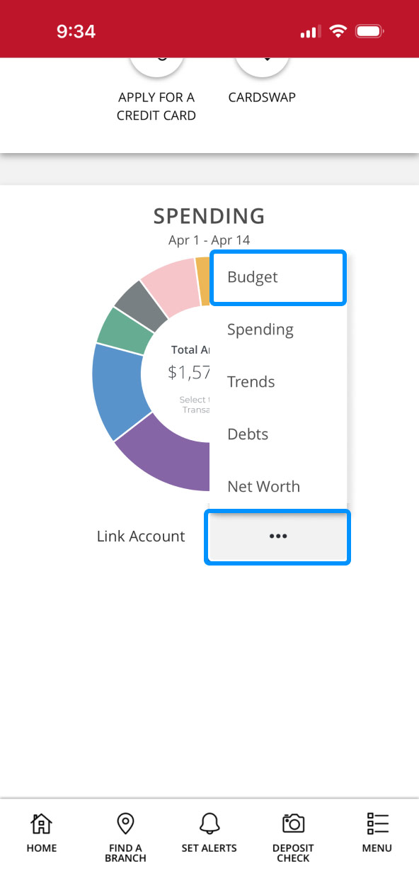 First Bank online banking screen showing Spending Chart and highlighting click areas.