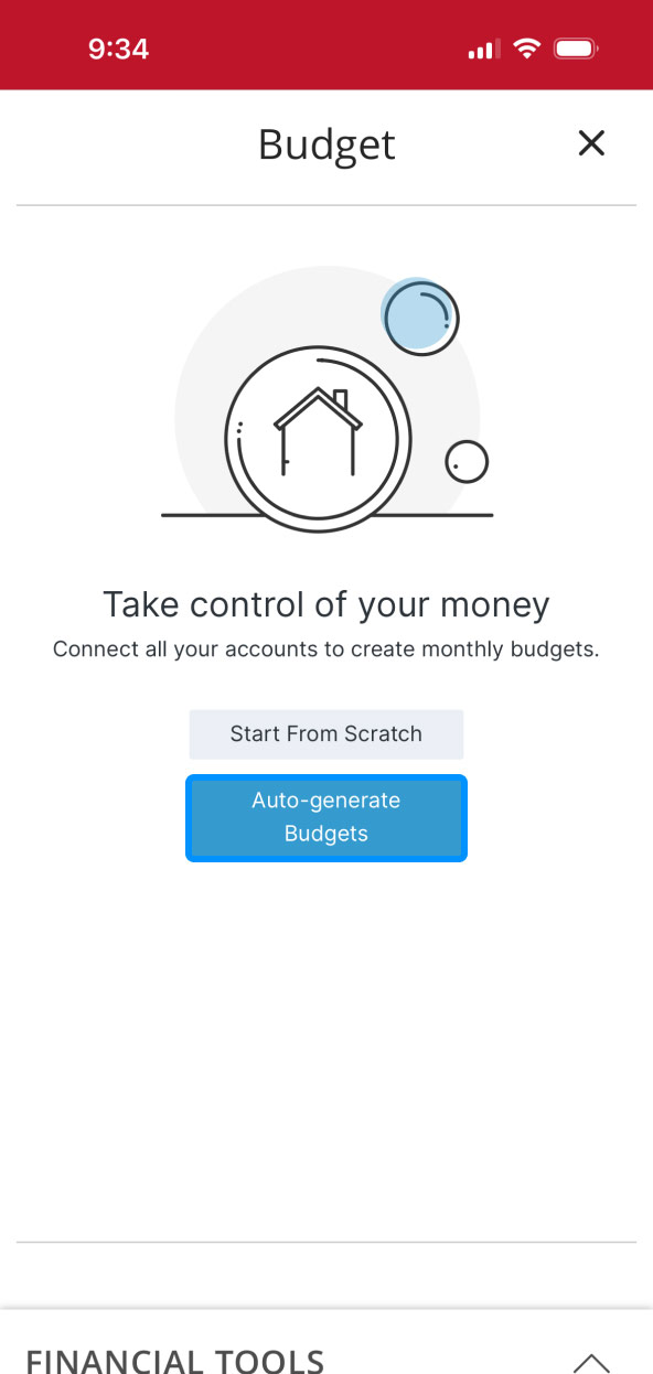 First Bank online banking screen showing Budget screen and highlighting the Auto-generate Budget button.