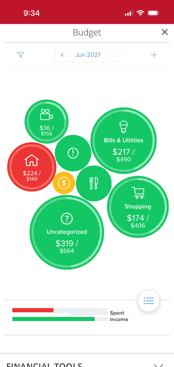 First Bank online banking screen showing the budget categories.
