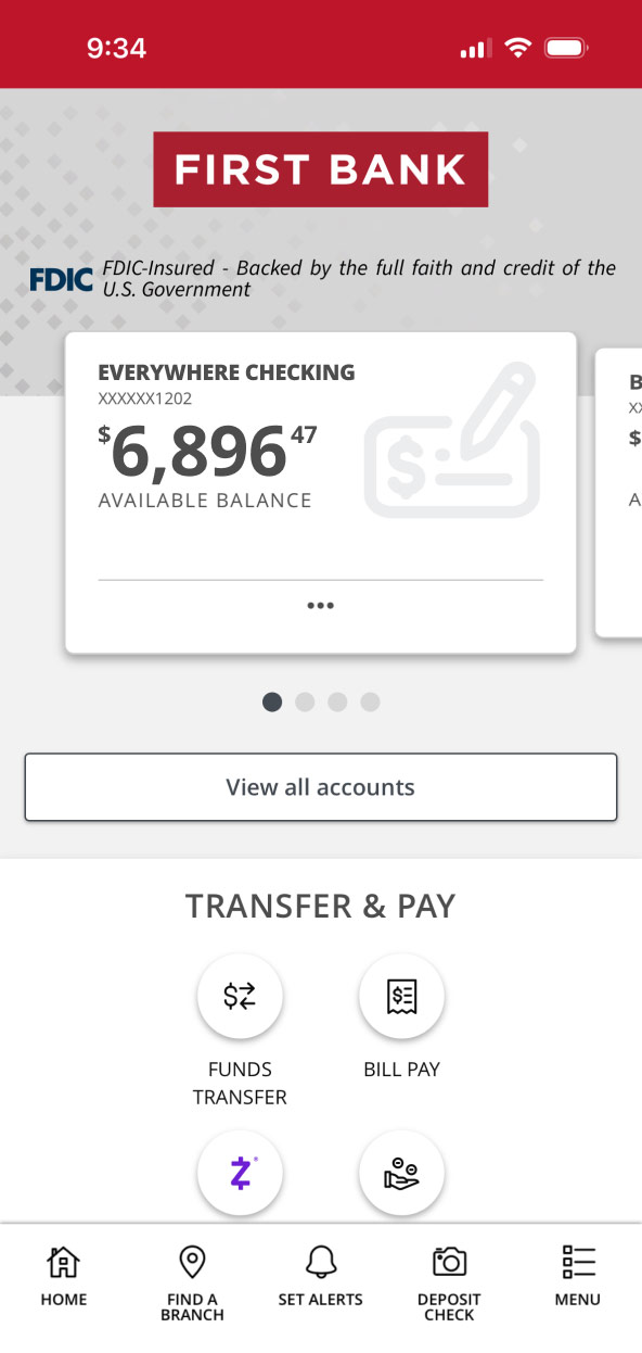 First Bank online banking screen landing page.
