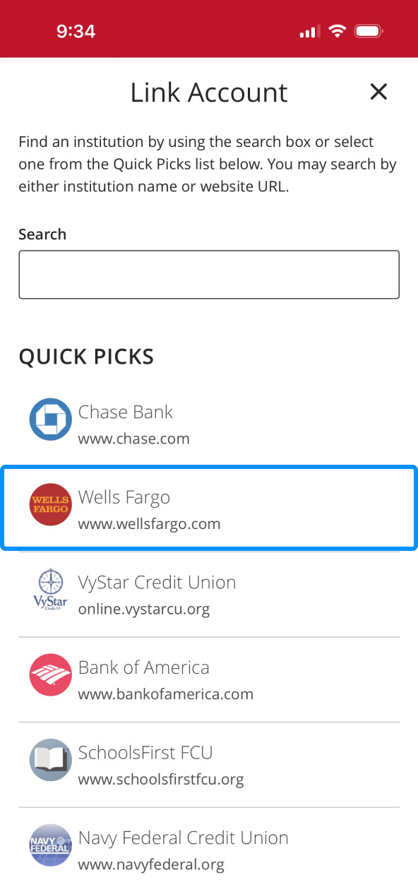 First Bank online banking screen showing a link of institutions with which to link accounts.