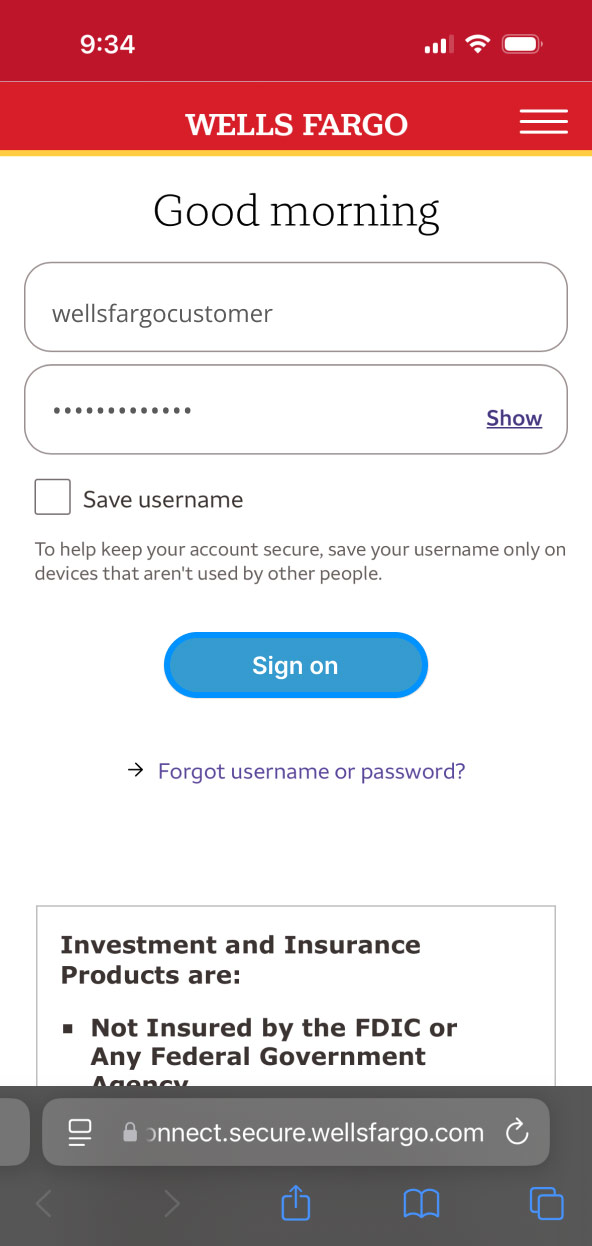First Bank online banking screen showing third party login screen with information filled in.