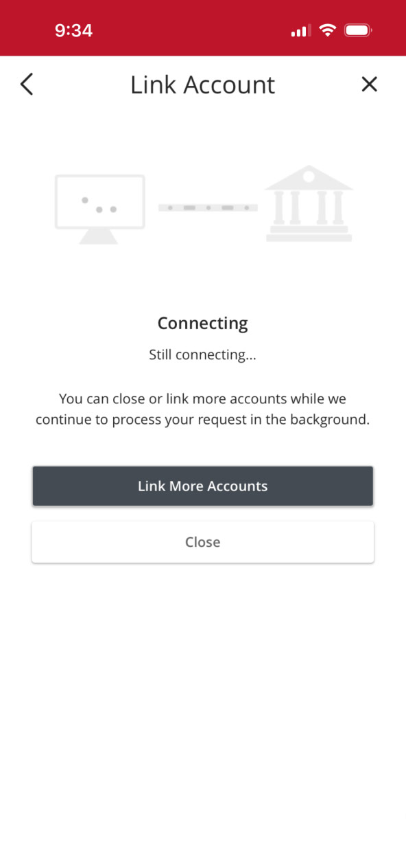 First Bank online banking screen showing the connecting state while accounts are verifying.