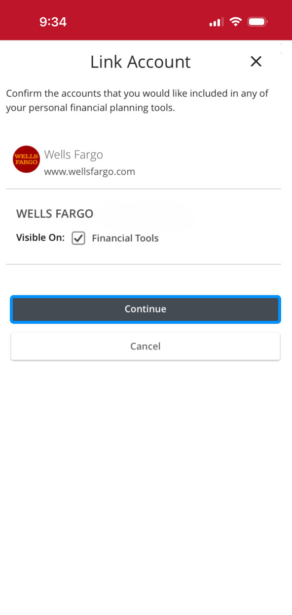 First Bank online banking screen showing the account linking in progress and highlighting the Continue button.
