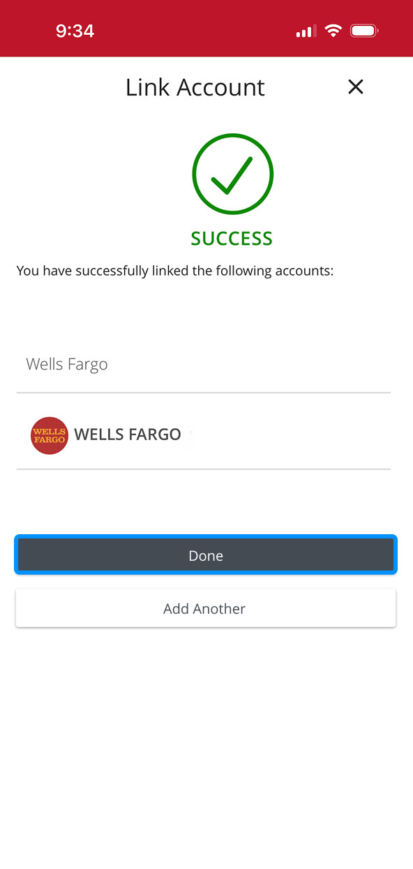 First Bank online banking screen showing the final success state when a third-party account is linked. The Done button is highlighted.