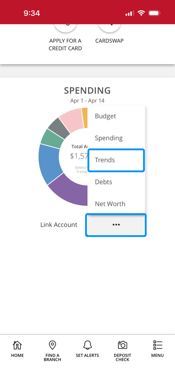 First Bank online banking screen showing Spending Chart and highlighting click areas.