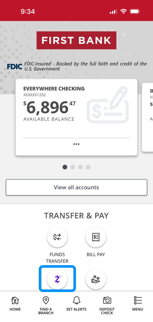 First Bank online banking screen highlighting the Zelle button.