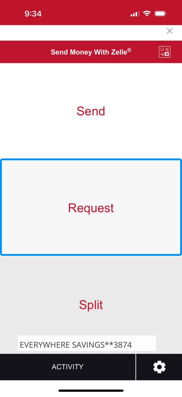 First Bank online banking screen highlighting the Request button inside Zelle.