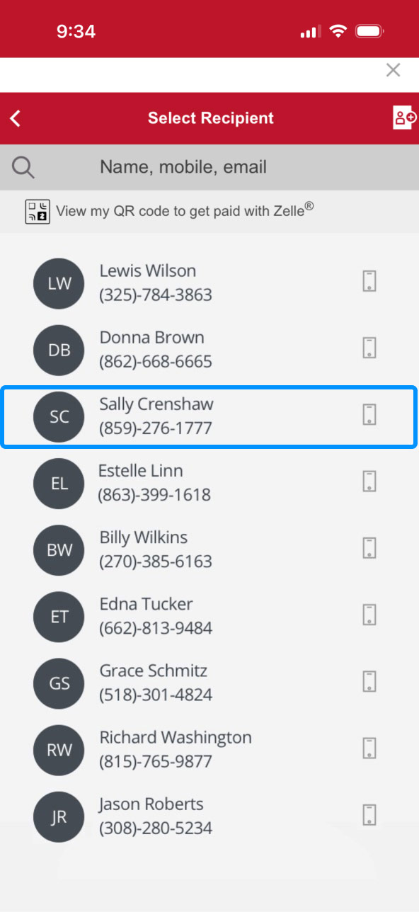 First Bank online banking screen showing the list of Zelle contacts.