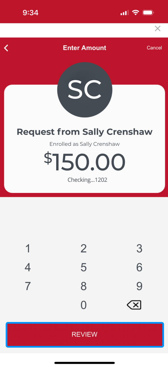 First Bank online banking screen highlighting the Review button.