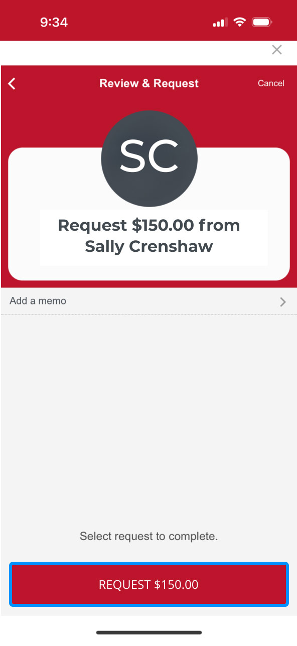First Bank online banking screen showing the final Zelle request button with the dollar amount.