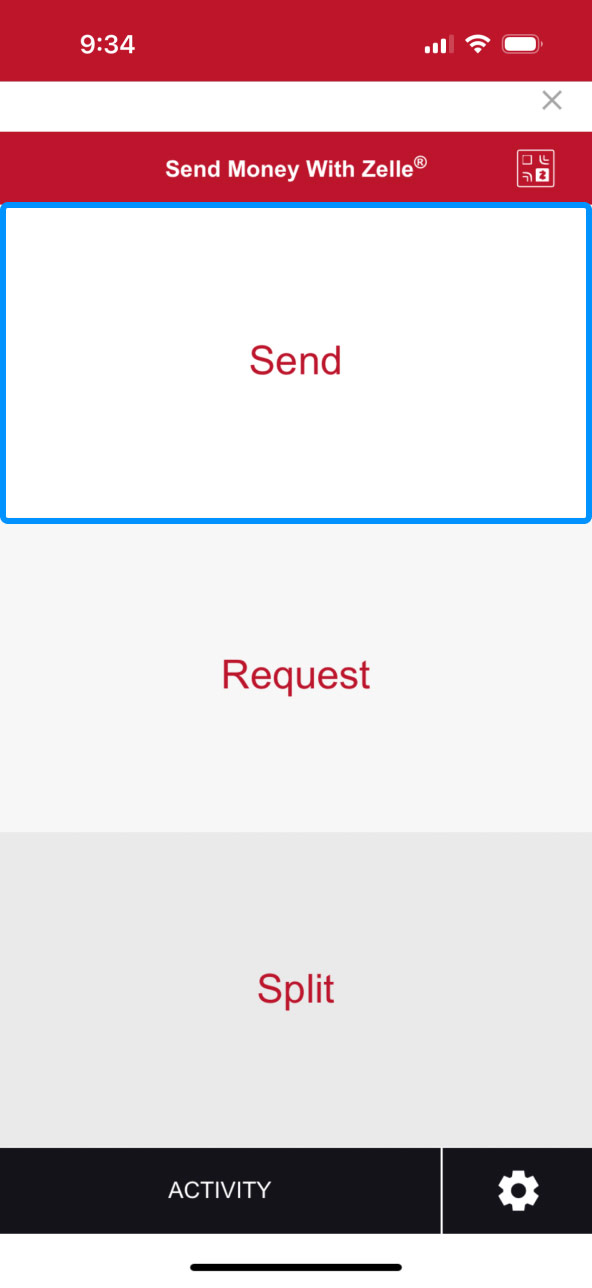 First Bank online banking screen highlighting the Send button inside Zelle.