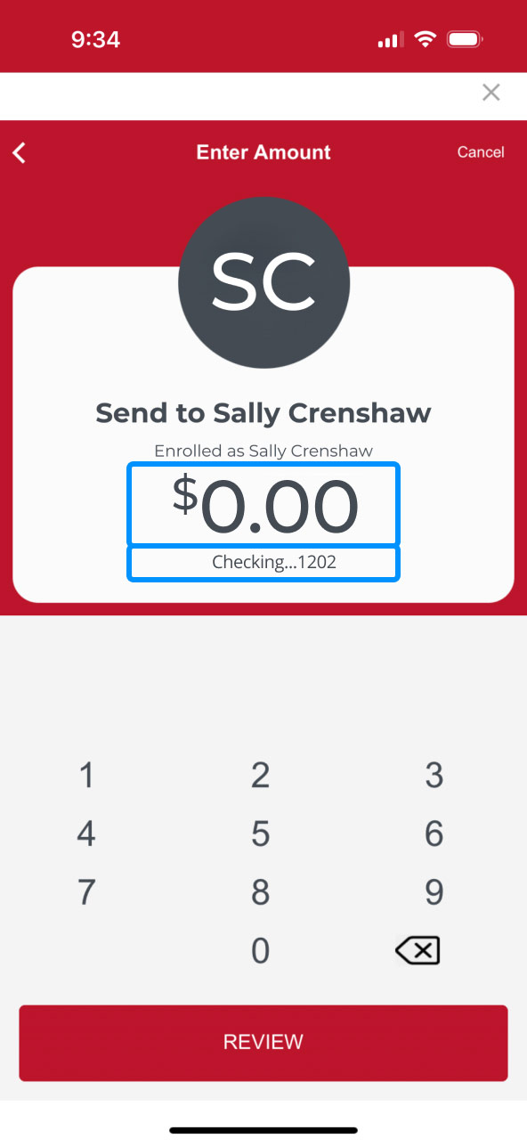 First Bank online banking screen highlighting where to enter the money amount to be send and the account to be withdrawn from.