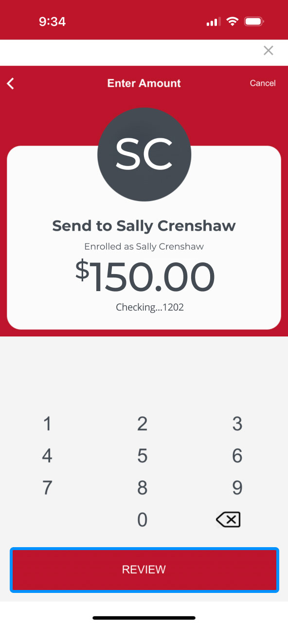 First Bank online banking screen highlighting the Review button.