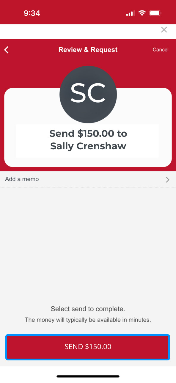 First Bank online banking screen showing the final Zelle send button with the dollar amount.