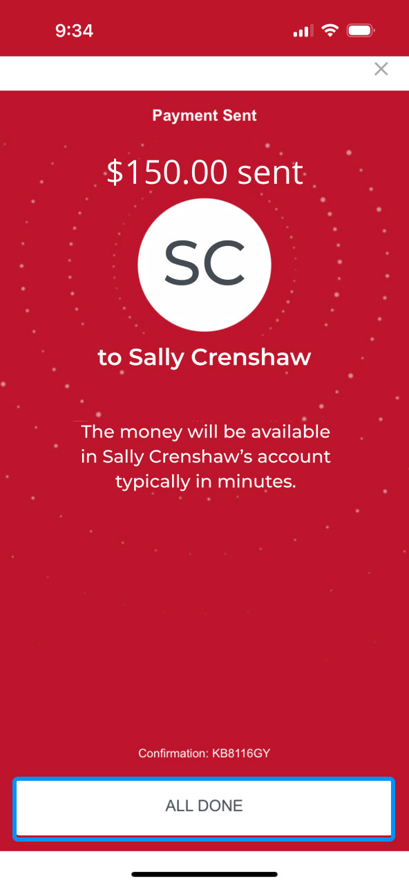 First Bank online banking screen showing the final Zelle screen indicating that funds have been sent to a contact.