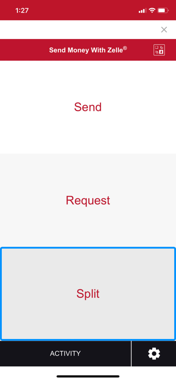 First Bank online banking screen highlighting the Split button inside Zelle.