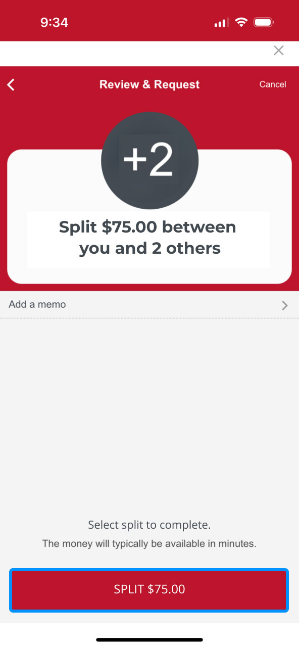 First Bank online banking screen showing the final Zelle split button with the dollar amount.