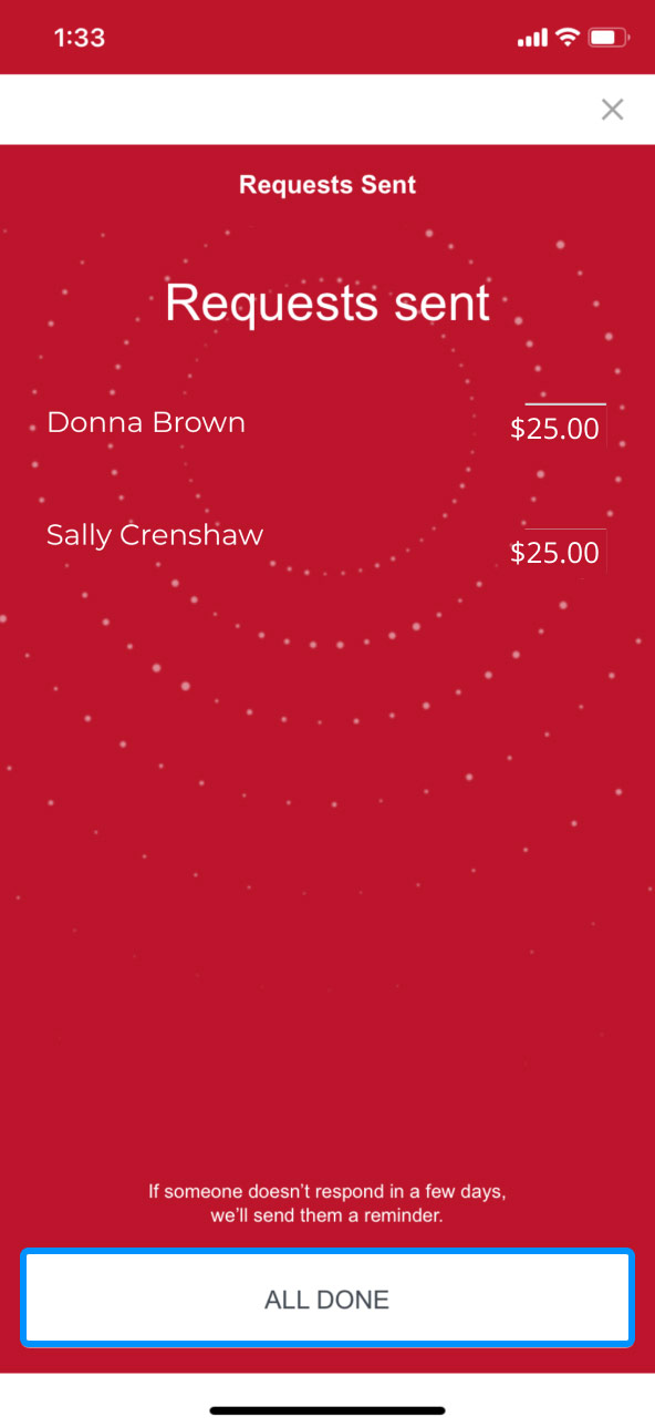 First Bank online banking screen showing the final Zelle screen indicating that a split funds request has been sent to multiple contacts.