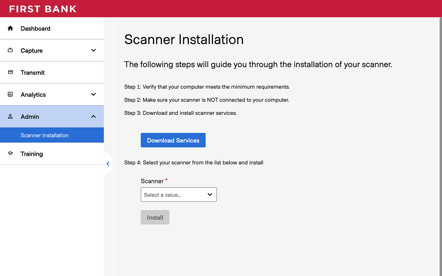 First Bank online banking screen showing the Scanner Installation screen.