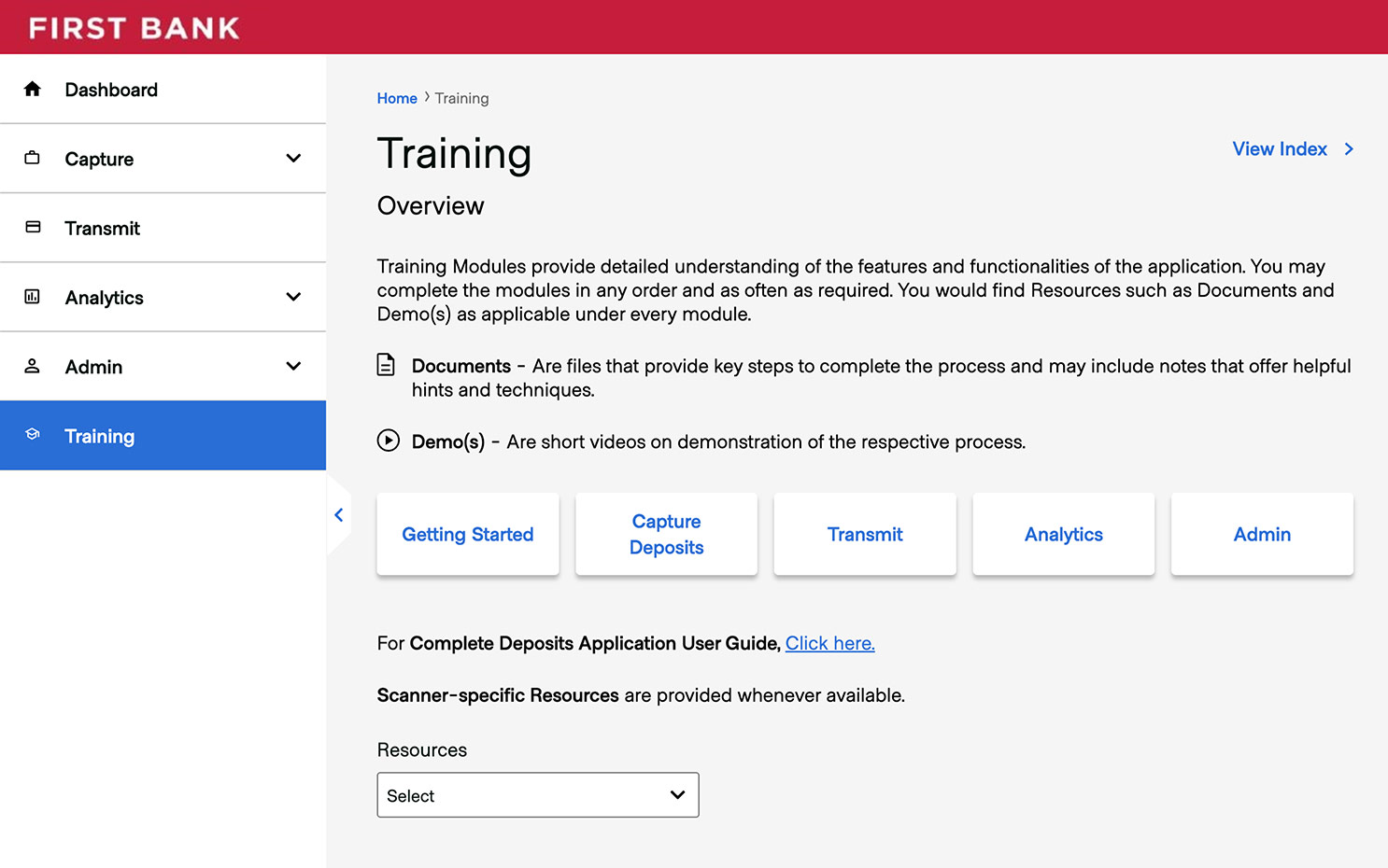 First Bank online banking screen showing Training screen.