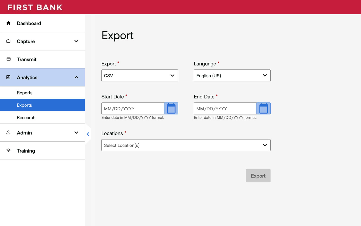 First Bank online banking screen showing the Export screen.