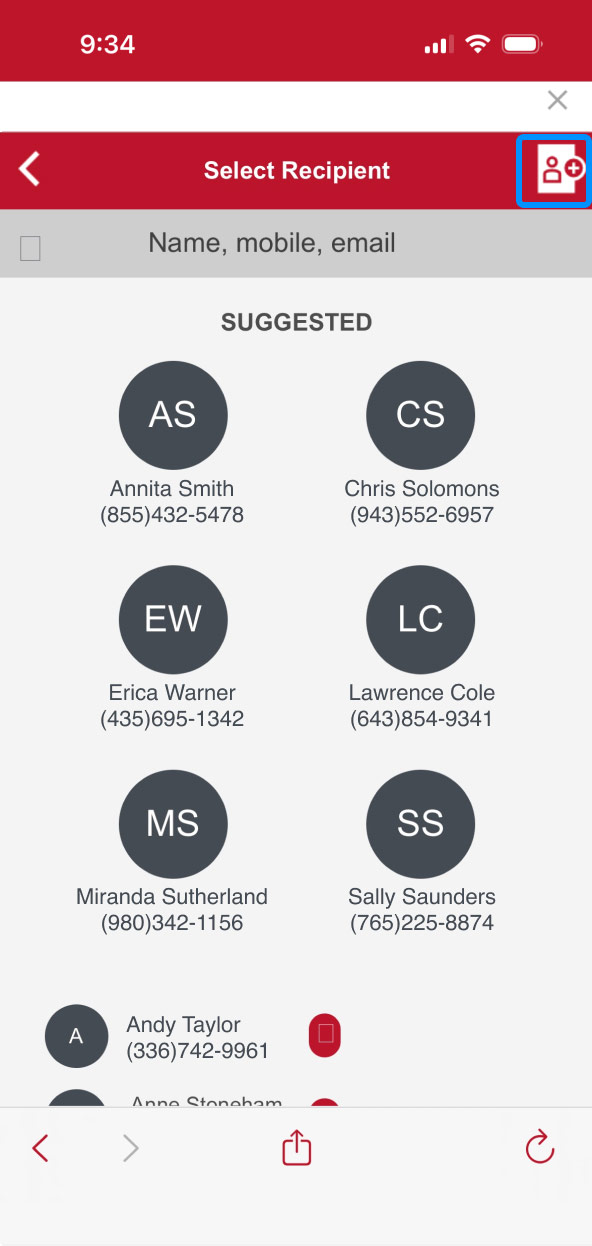 First Bank online banking screen showing the list of Zelle contacts and highlighting the add new recipient icon.