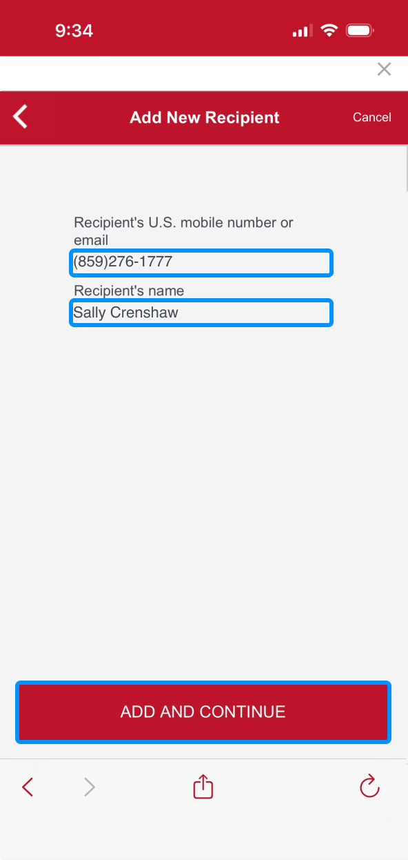 First Bank online banking screen showing adding new contacts in the Zelle interface.