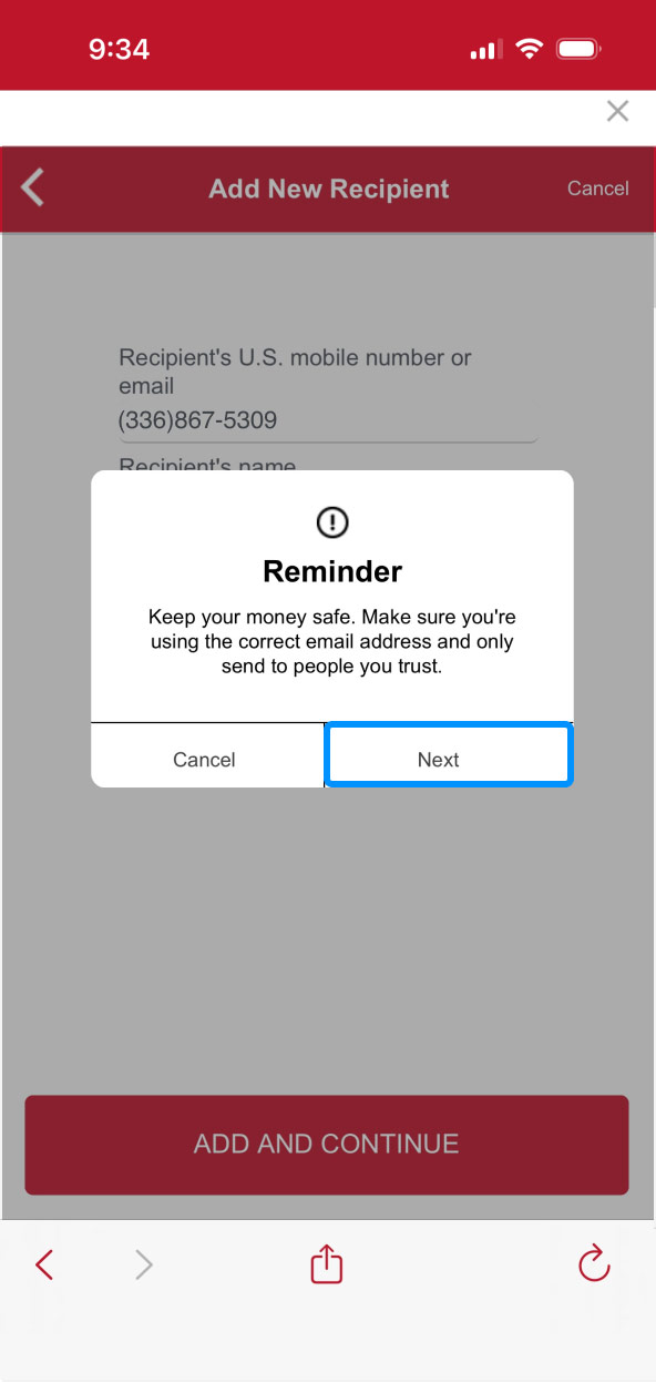 First Bank online banking screen showing the Zelle notice for adding new recipients and highlighting the Next button.