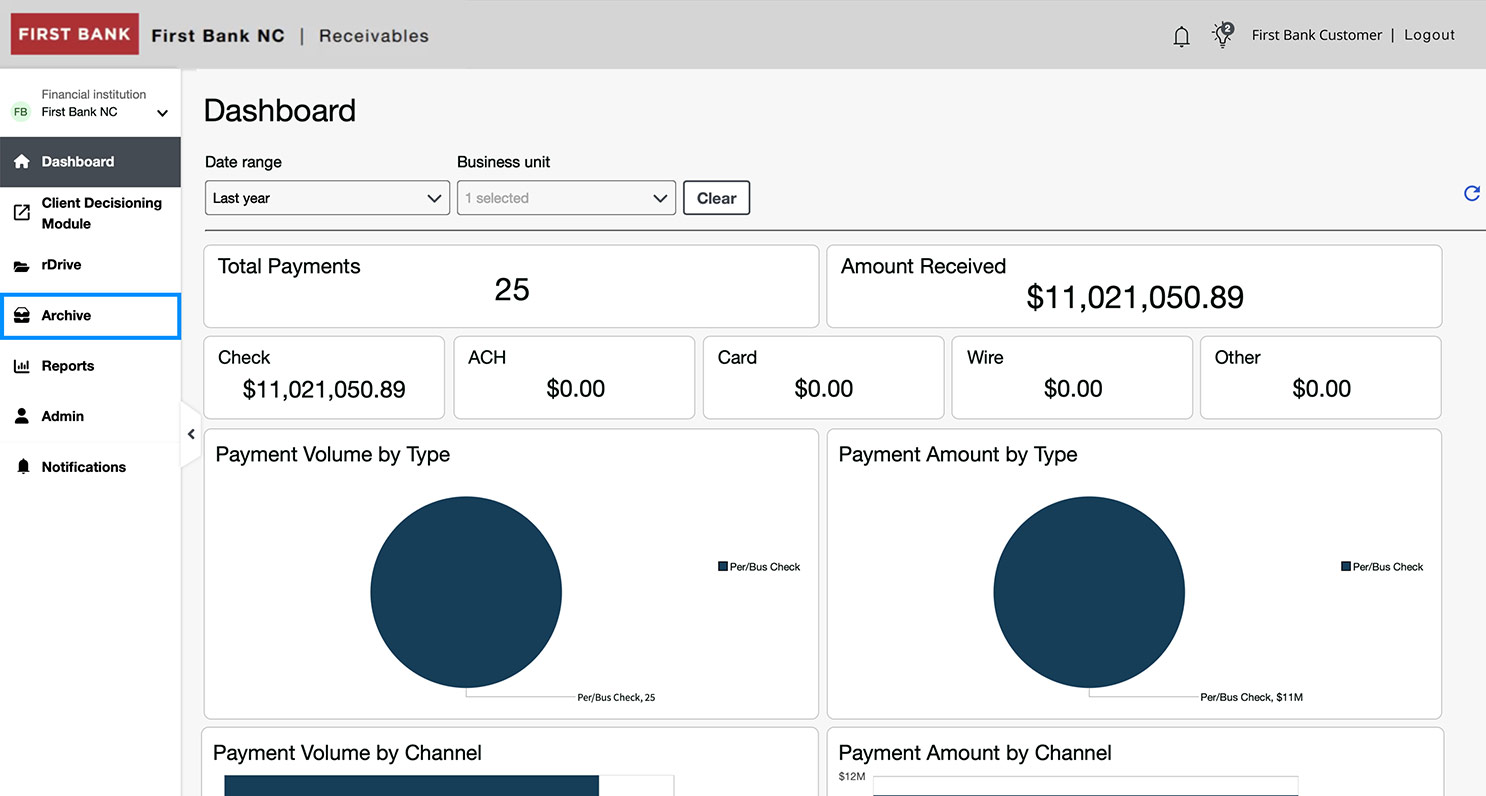 First Bank online banking screen highlighting the Archive menu item.
