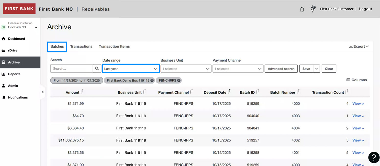 First Bank online banking screen highlighting the Batches tab and the date range selector.